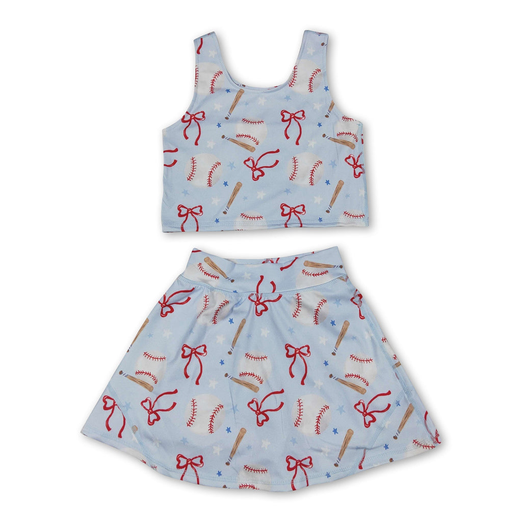 Sleeveless baseball bow kids girls summer activewear set