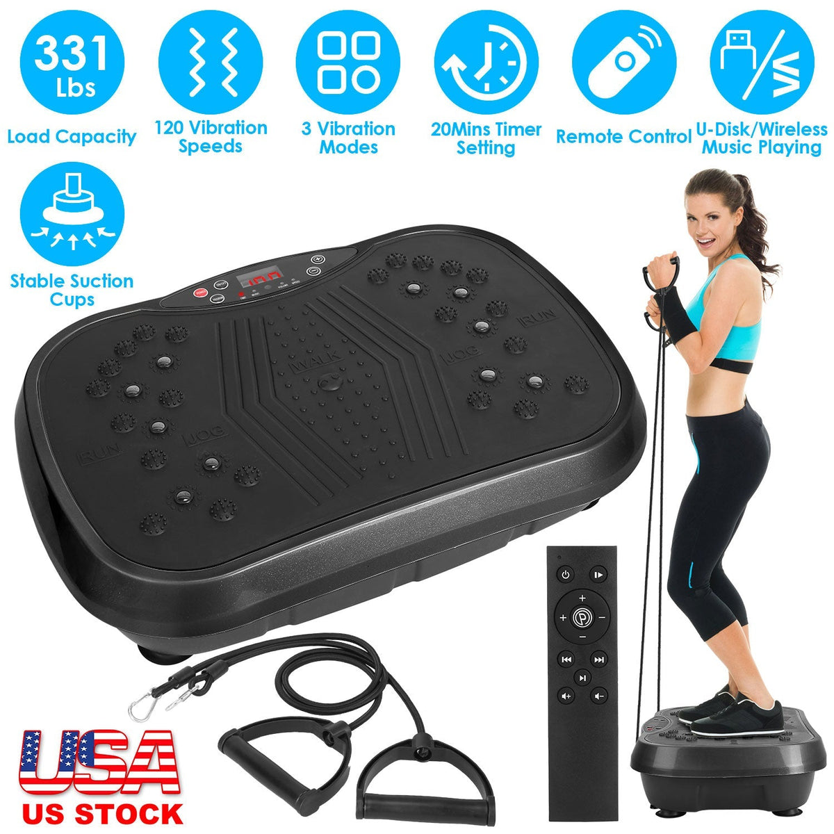 Vibration Exercise Machine Vibrating Plate Platform Whole Body Fitness Vibration Workout Equipment with 120 Speeds 1-20Mins Timer Resistant Bands Remo